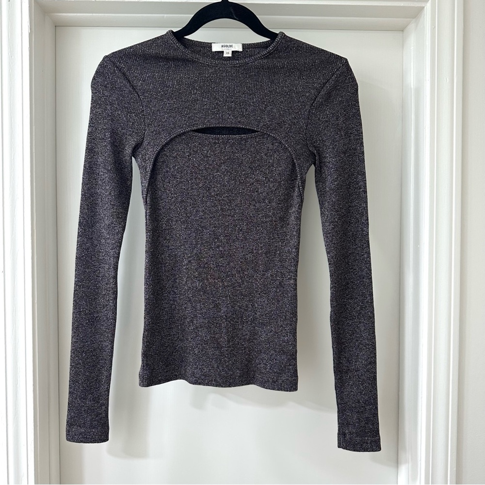 Agolde Gray Lyza Cut Out Rib Long Sleeve Top, Size XS